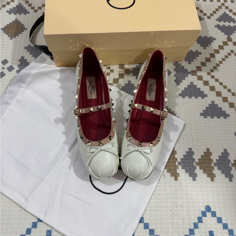 Valentino White Rockstud Mary Jane Flats with Pink Lining